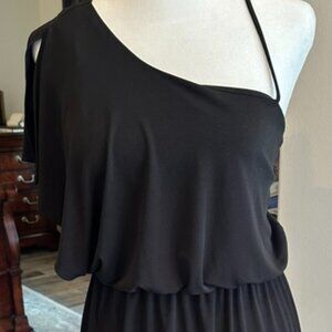 SHORT BLACK Funnn elastic waist DRESS - ONE SIDE SPAGHETTI STRAP -Small